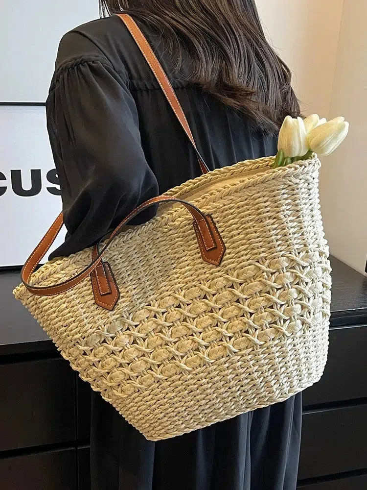 Leather Handles Woven Straw Tote Bag