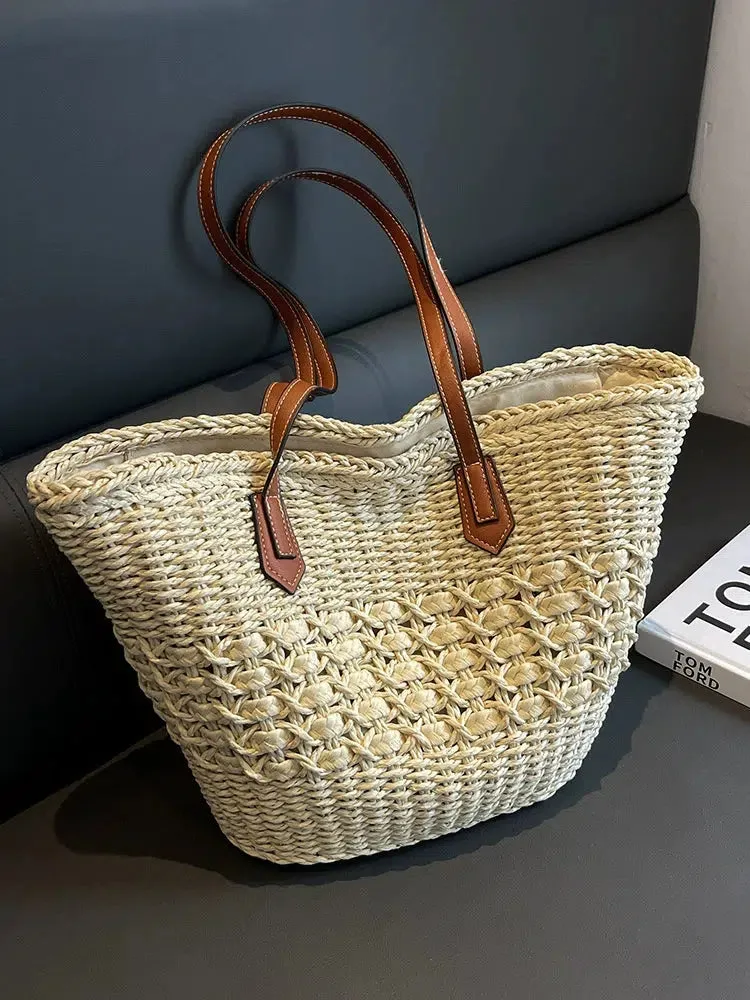 Leather Handles Woven Straw Tote Bag