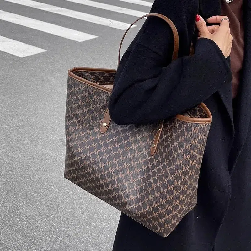 Leather Trim Letter Patterned Tote Bag