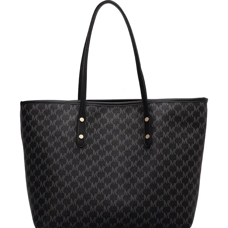 Leather Trim Letter Patterned Tote Bag