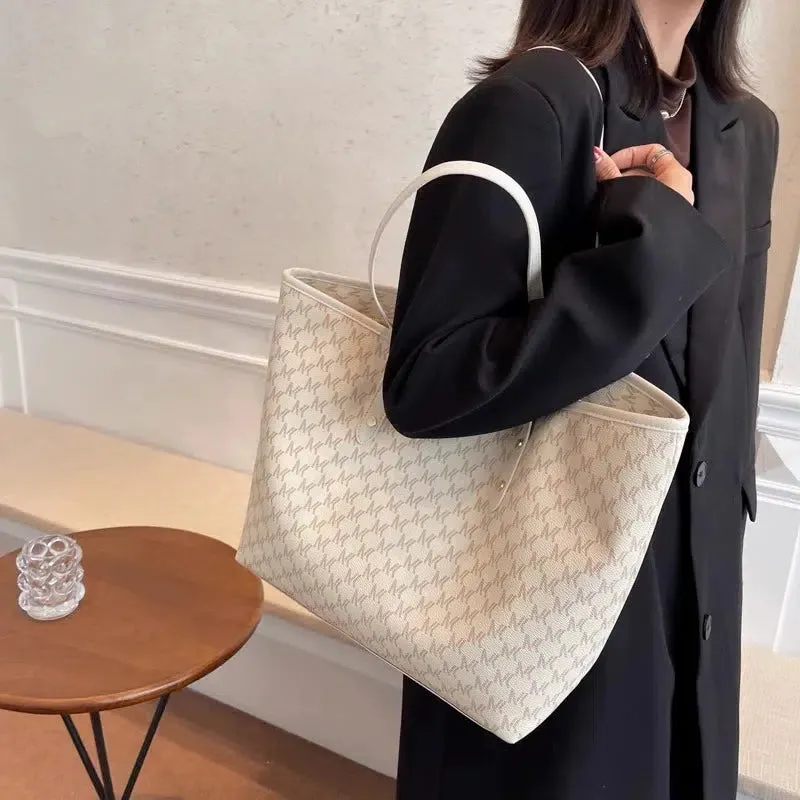 Leather Trim Letter Patterned Tote Bag