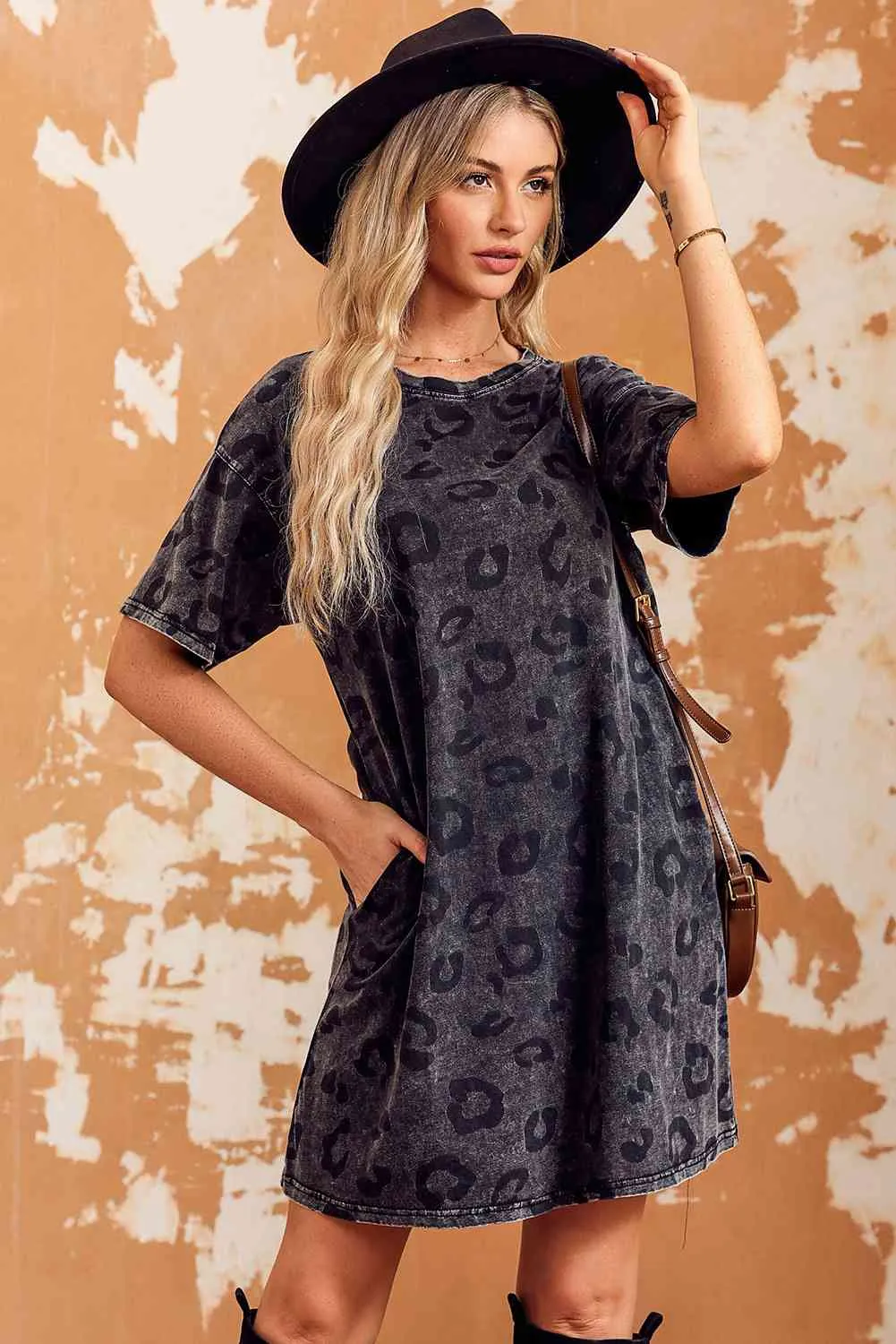 Leopard Print  Round Neck Dropped Shoulder Dress with Pockets