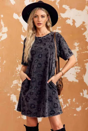 Leopard Print  Round Neck Dropped Shoulder Dress with Pockets