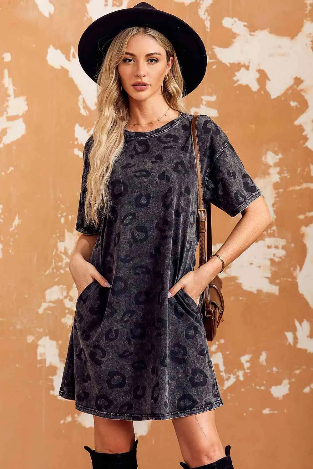 Leopard Print  Round Neck Dropped Shoulder Dress with Pockets