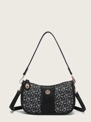 Letter Printed Zipper Closure Shoulder Bag