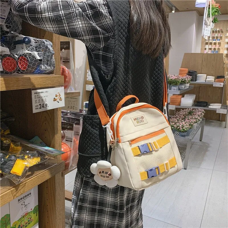 Literary Ribbon Lock Canvas Colorblock Satchel