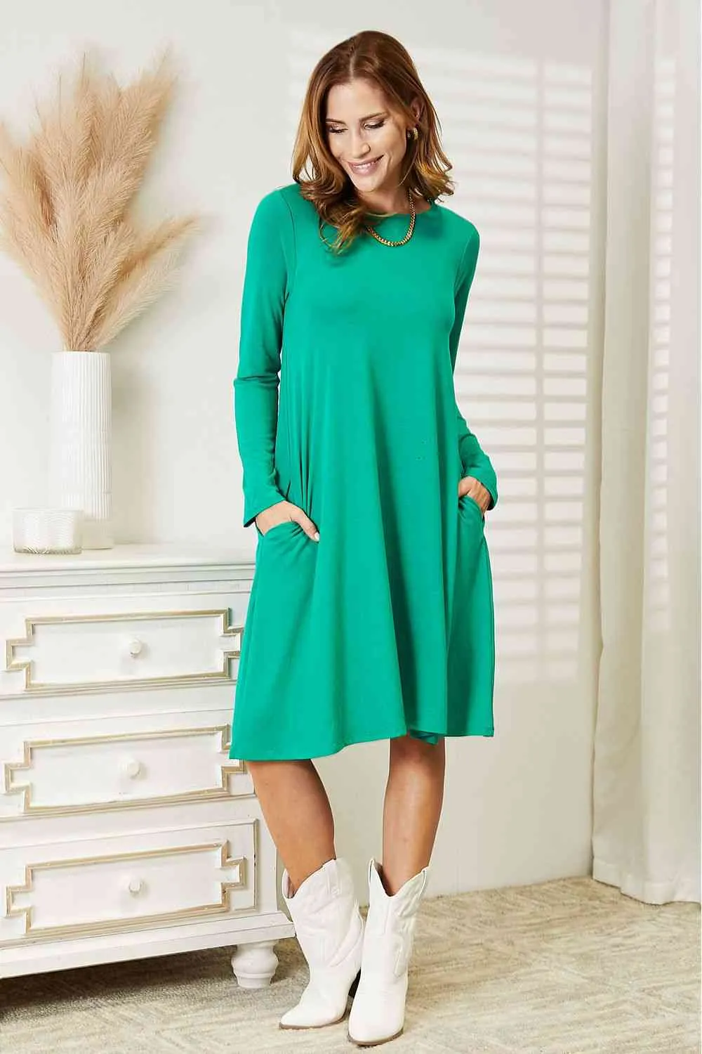 Livvy Full Size Long Sleeve Flare Dress with Pockets