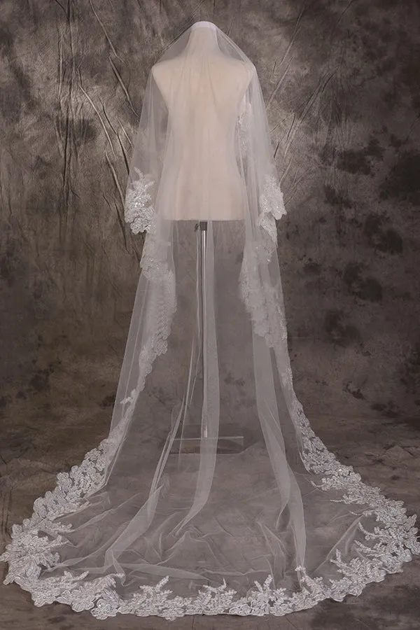 Long One Tier Lace Edge Cathedral Veil With Sequins Wedding Veils