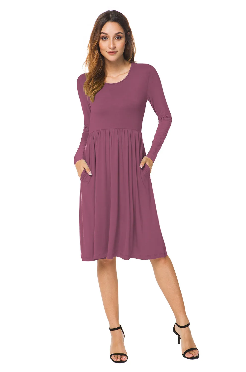 Long Sleeve Empire Waist Plain Dress with Pockets