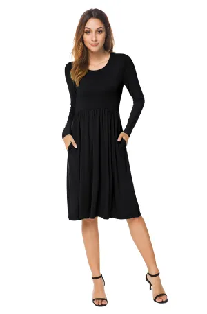 Long Sleeve Empire Waist Plain Dress with Pockets