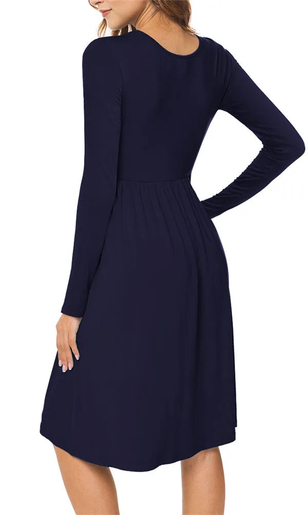Long Sleeve Empire Waist Plain Dress with Pockets