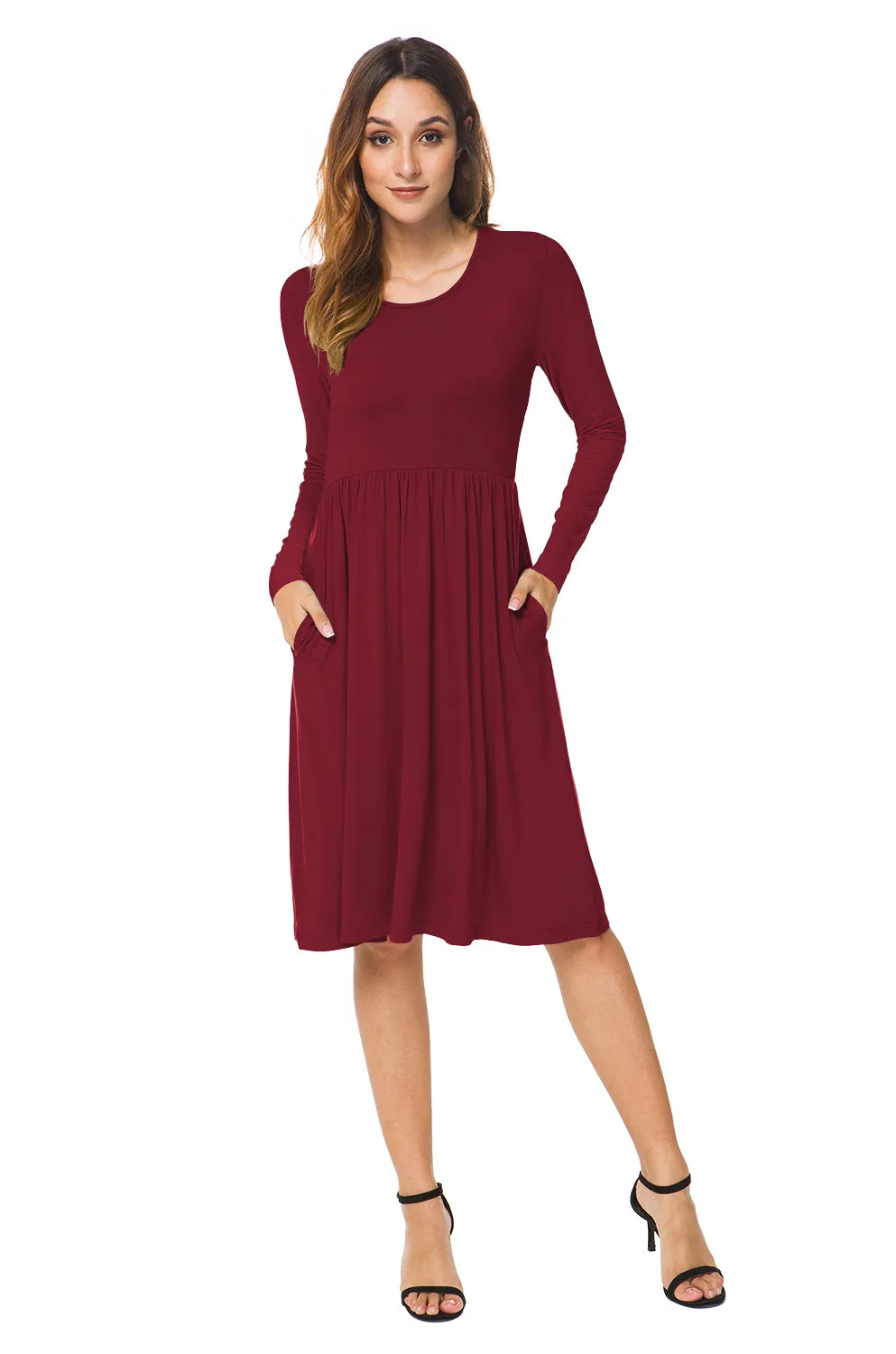 Long Sleeve Empire Waist Plain Dress with Pockets