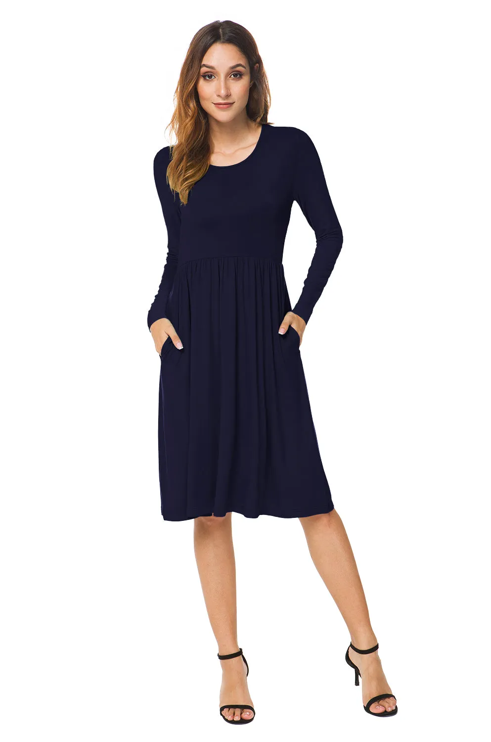 Long Sleeve Empire Waist Plain Dress with Pockets