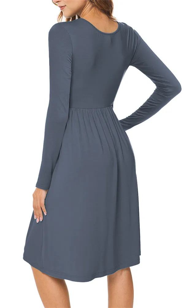 Long Sleeve Empire Waist Plain Dress with Pockets