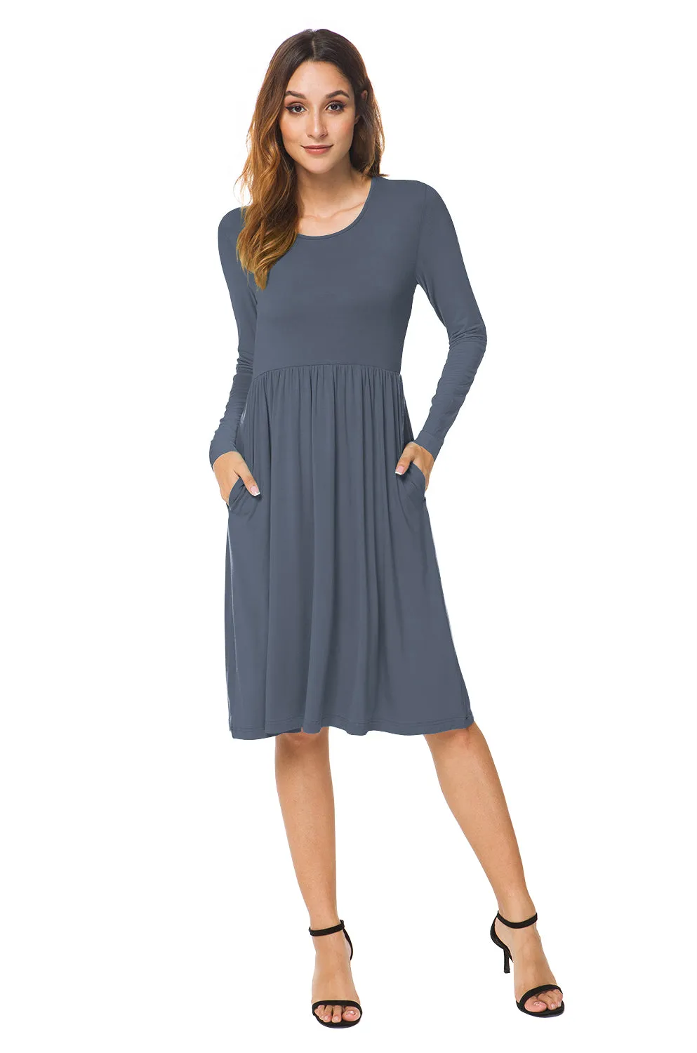 Long Sleeve Empire Waist Plain Dress with Pockets