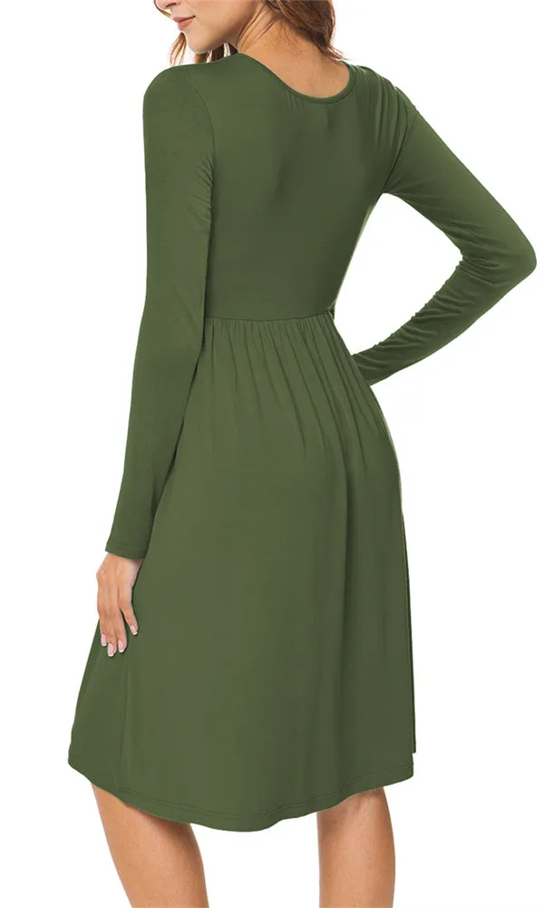 Long Sleeve Empire Waist Plain Dress with Pockets