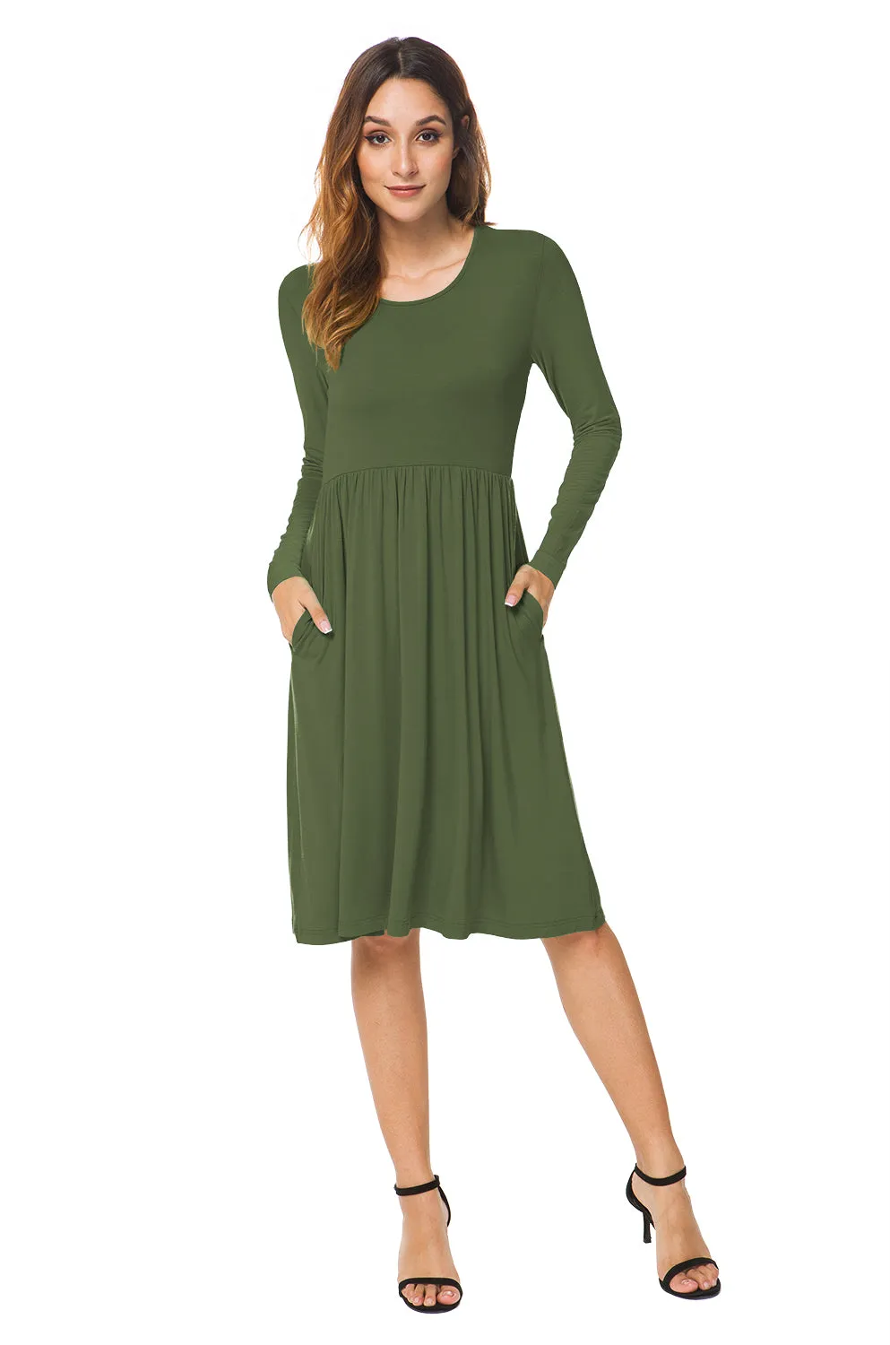 Long Sleeve Empire Waist Plain Dress with Pockets