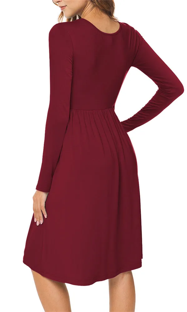 Long Sleeve Empire Waist Plain Dress with Pockets