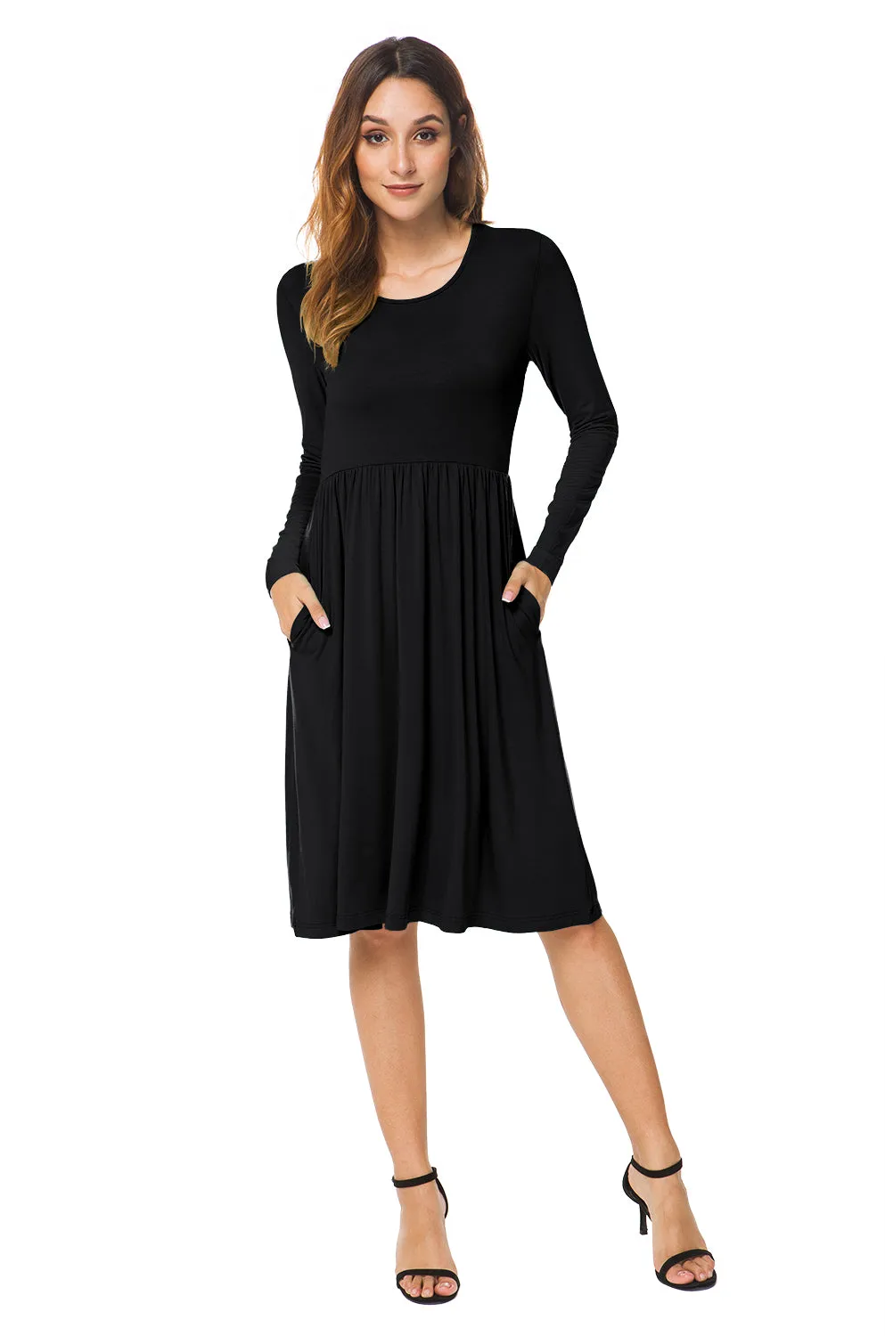 Long Sleeve Empire Waist Plain Dress with Pockets