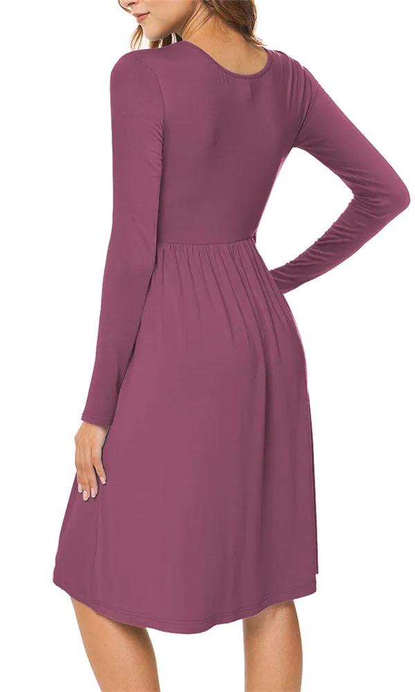 Long Sleeve Empire Waist Plain Dress with Pockets