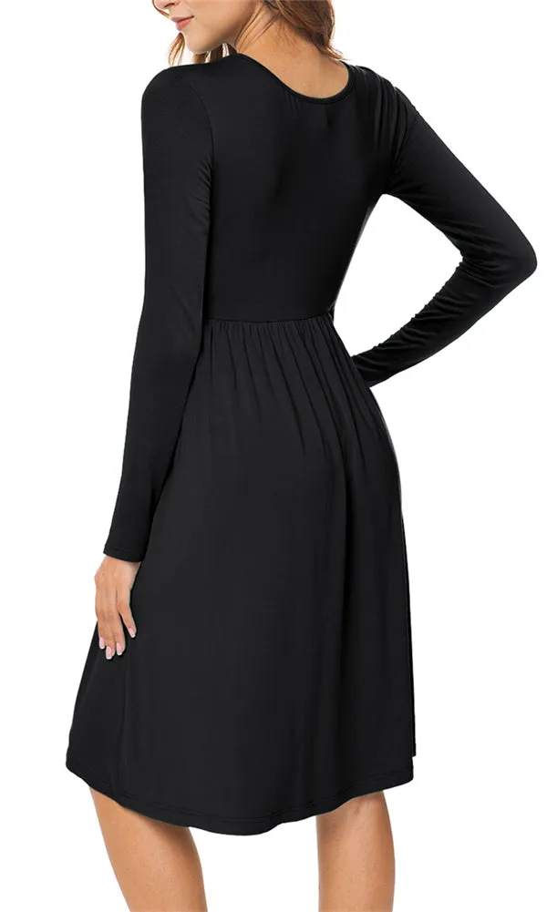 Long Sleeve Empire Waist Plain Dress with Pockets