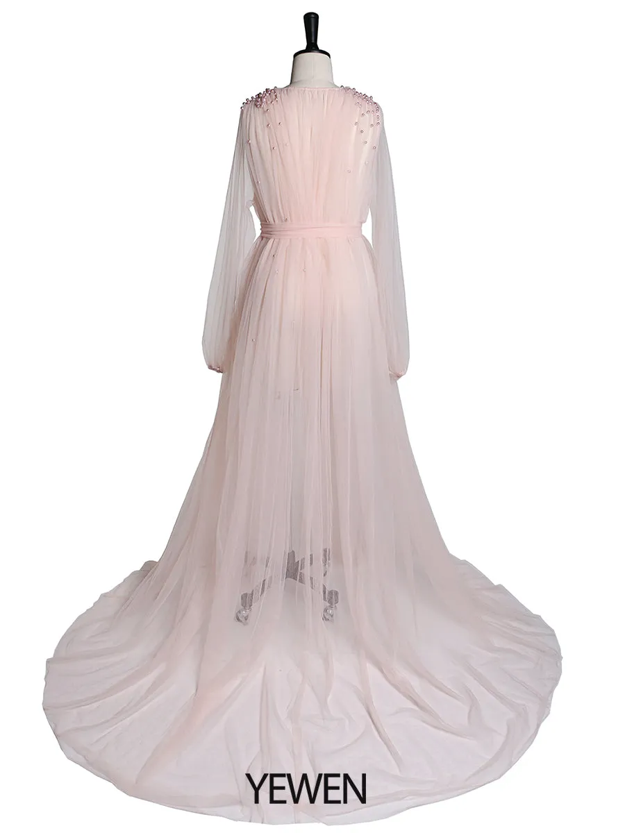 Long Sleeves Soft Tulle with Pearls Maternity Dress for Photoshoot Plus Size YD210472