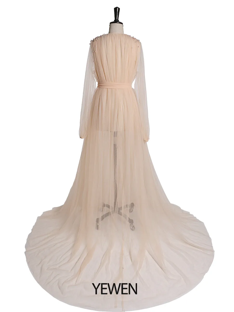Long Sleeves Soft Tulle with Pearls Maternity Dress for Photoshoot Plus Size YD210472