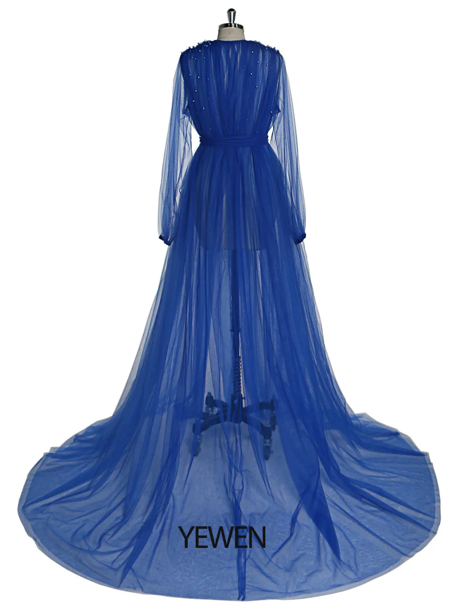Long Sleeves Soft Tulle with Pearls Maternity Dress for Photoshoot Plus Size YD210472