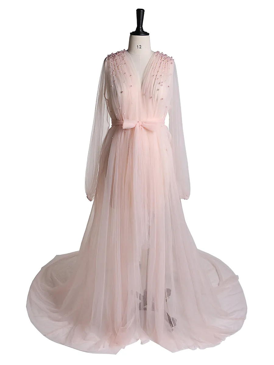 Long Sleeves Soft Tulle with Pearls Maternity Dress for Photoshoot Plus Size YD210472
