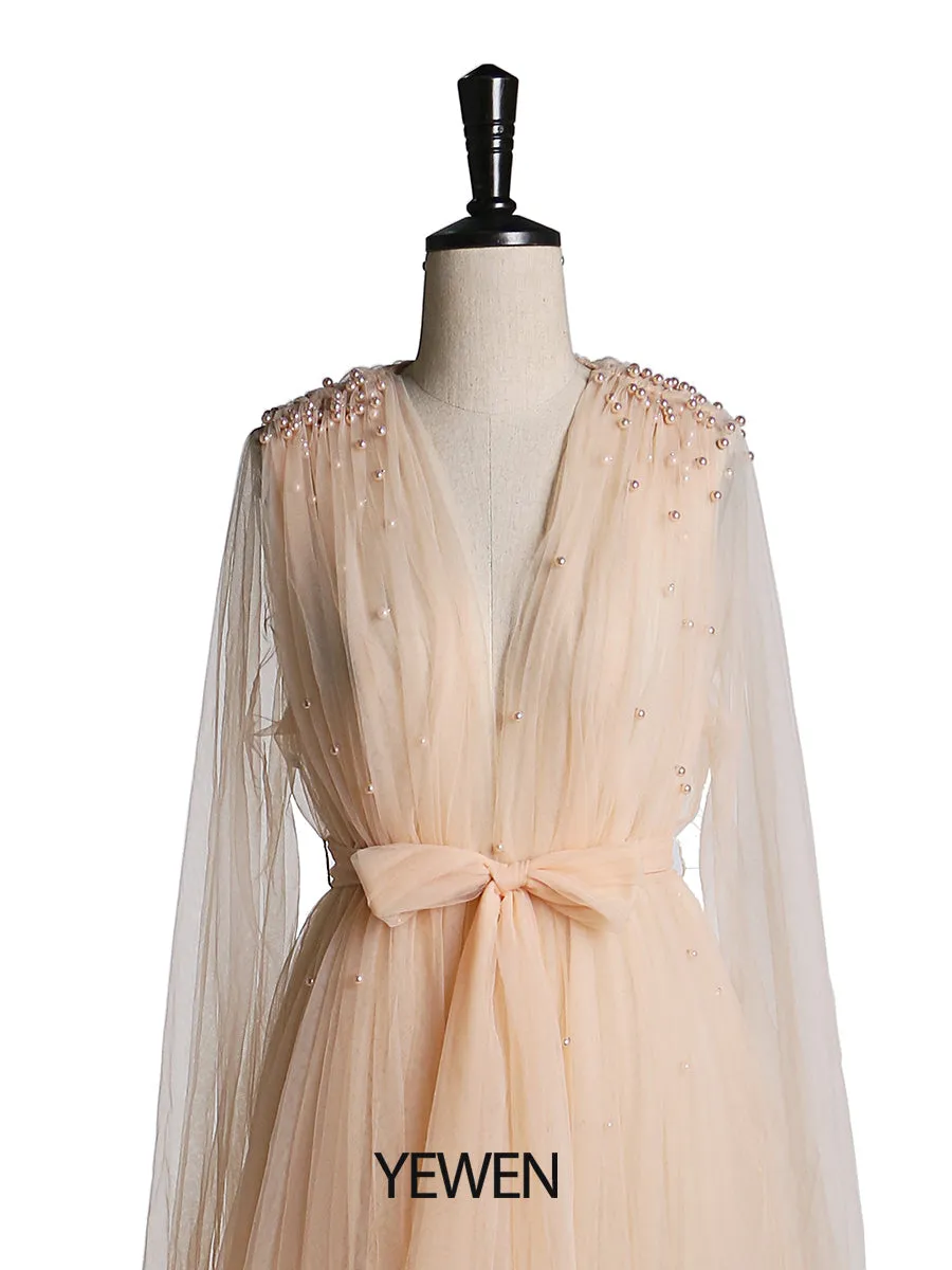 Long Sleeves Soft Tulle with Pearls Maternity Dress for Photoshoot Plus Size YD210472