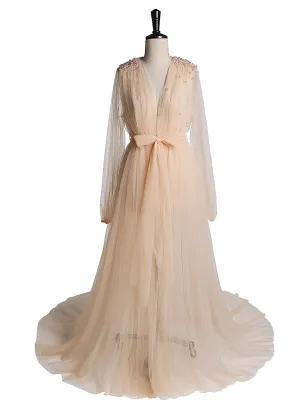 Long Sleeves Soft Tulle with Pearls Maternity Dress for Photoshoot Plus Size YD210472