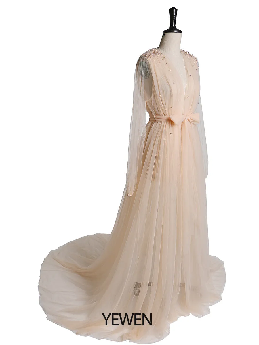 Long Sleeves Soft Tulle with Pearls Maternity Dress for Photoshoot Plus Size YD210472