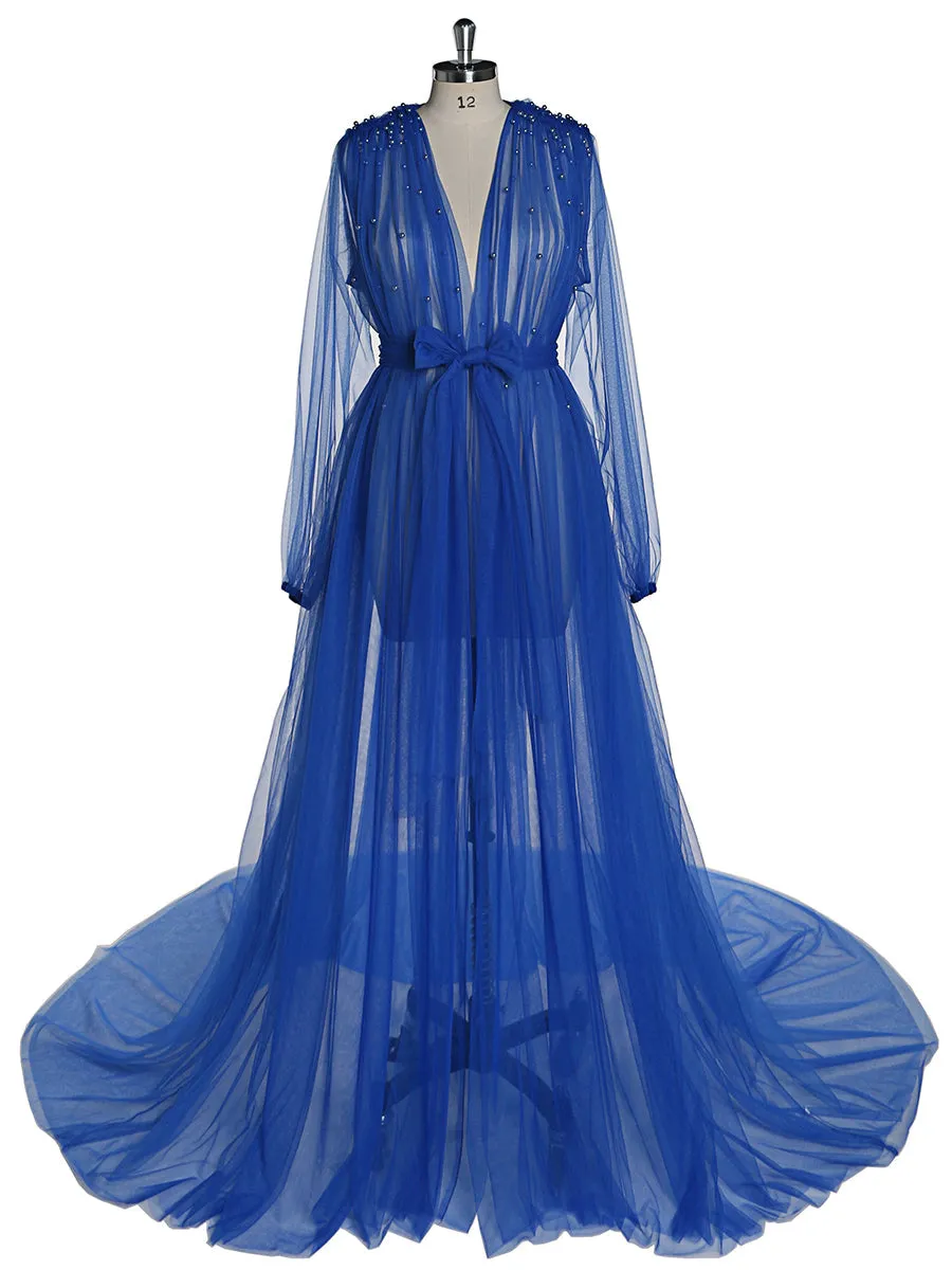 Long Sleeves Soft Tulle with Pearls Maternity Dress for Photoshoot Plus Size YD210472