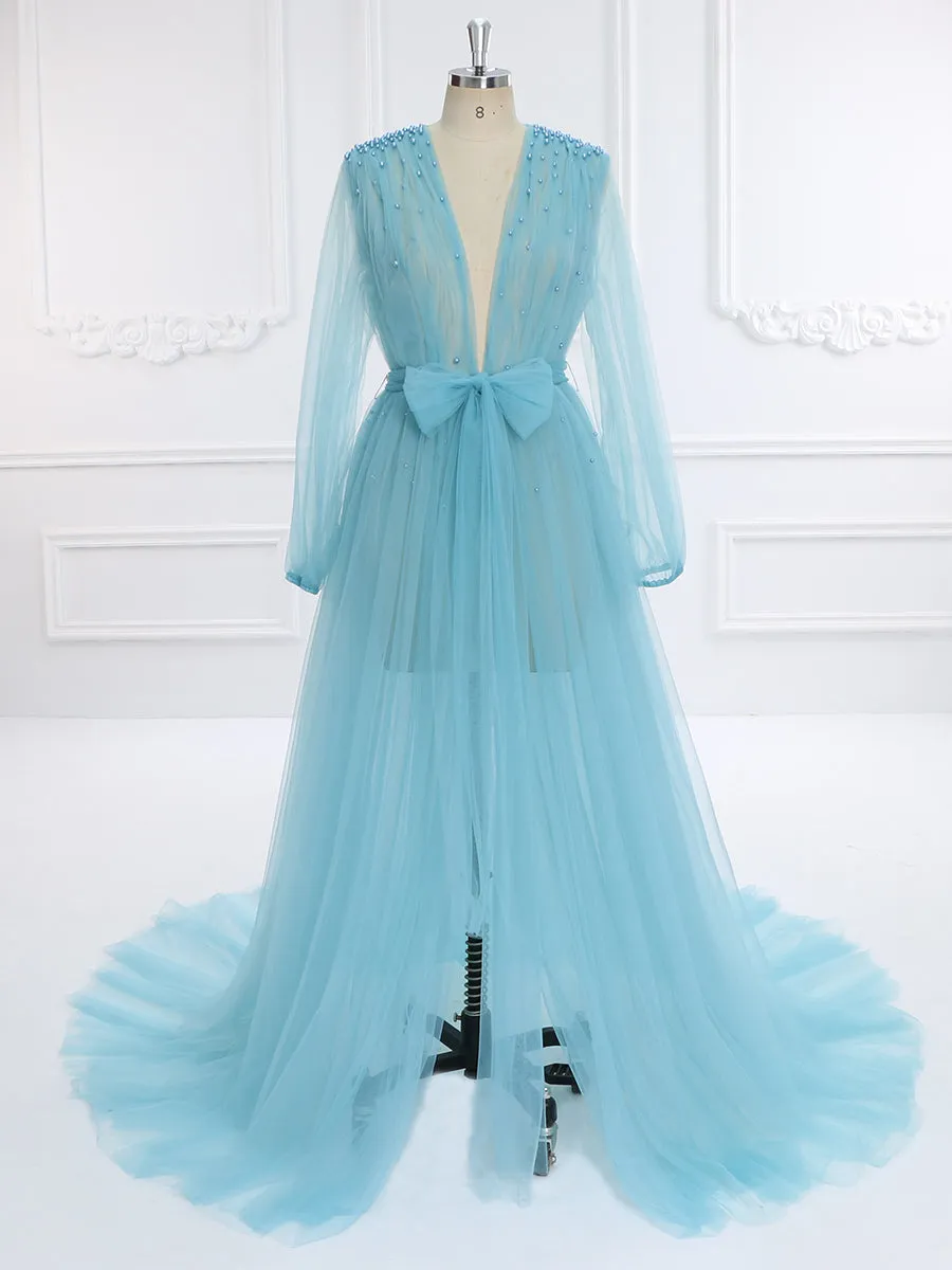 Long Sleeves Soft Tulle with Pearls Maternity Dress for Photoshoot Plus Size YD210472