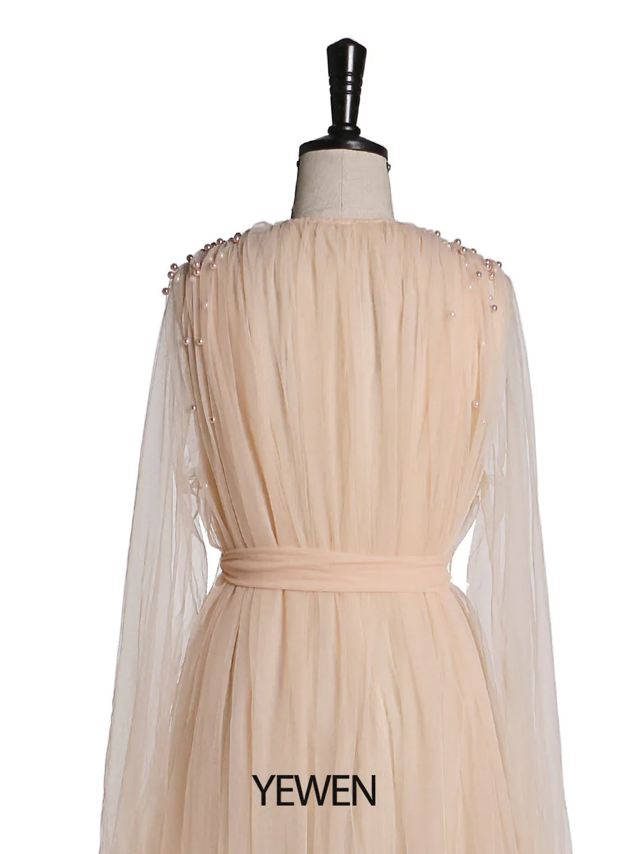 Long Sleeves Soft Tulle with Pearls Maternity Dress for Photoshoot Plus Size YD210472