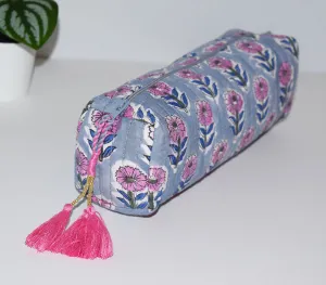 Long Waterproof Cosmetic Pouch | Gray Floral