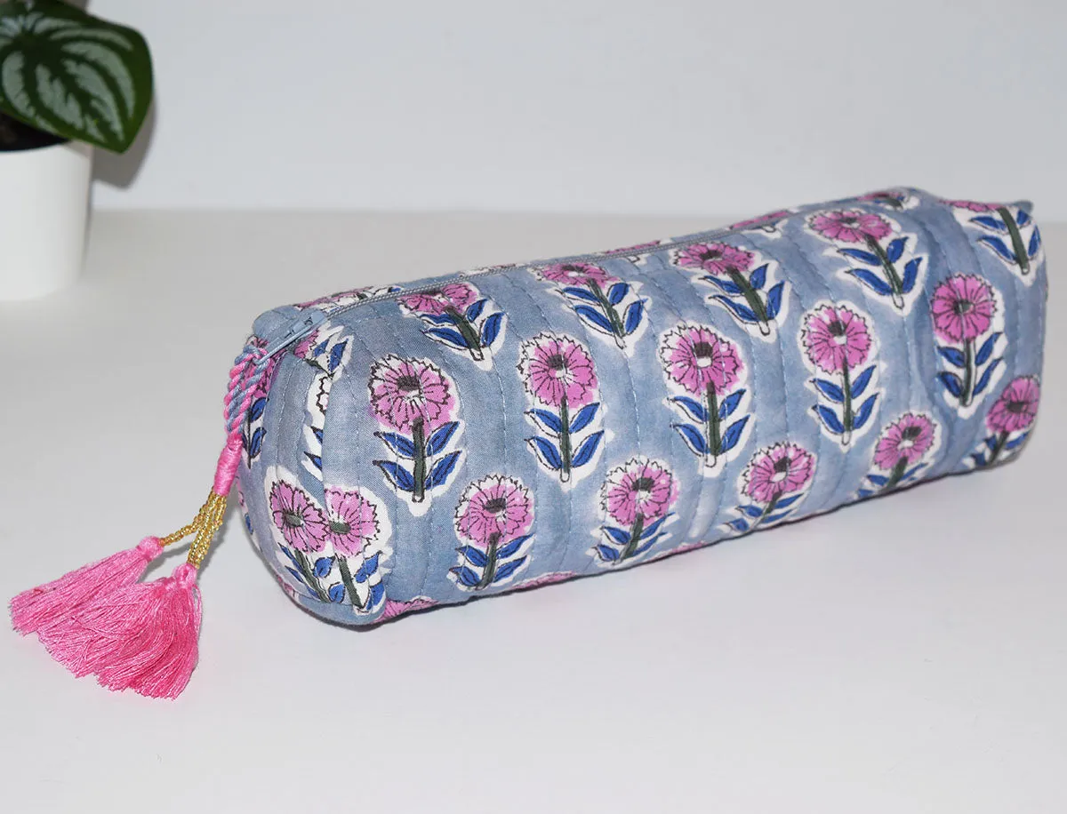 Long Waterproof Cosmetic Pouch | Gray Floral