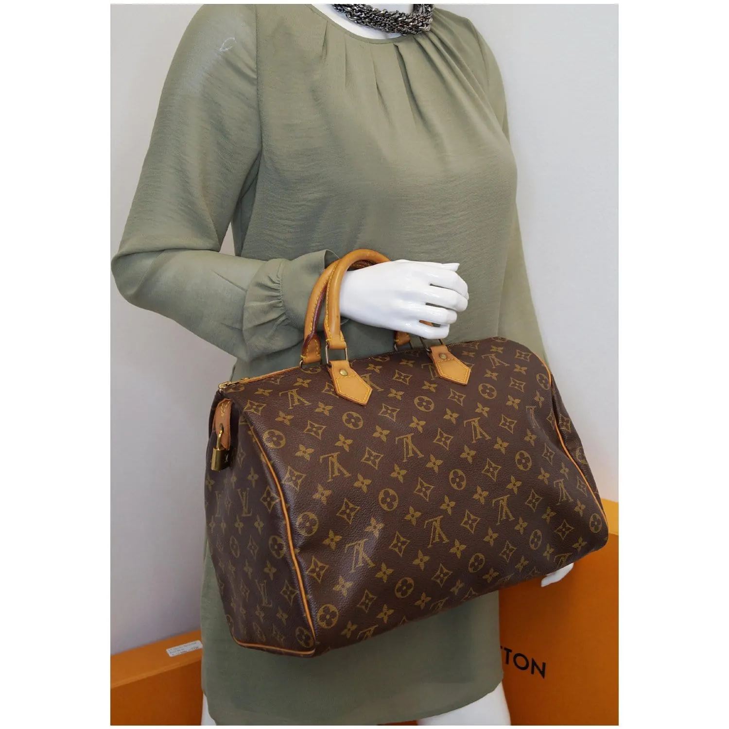 LOUIS VUITTON Speedy 35 Monogram Canvas Satchel Bag Brown