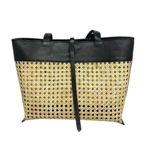 Madeline Cane And Leather Tote In Black