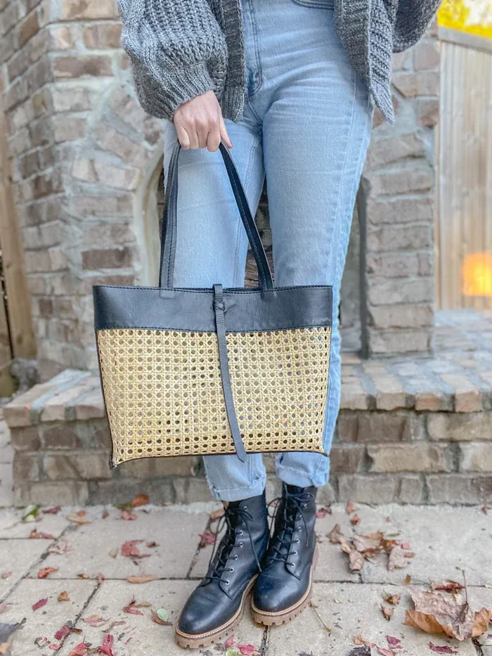 Madeline Cane And Leather Tote In Black