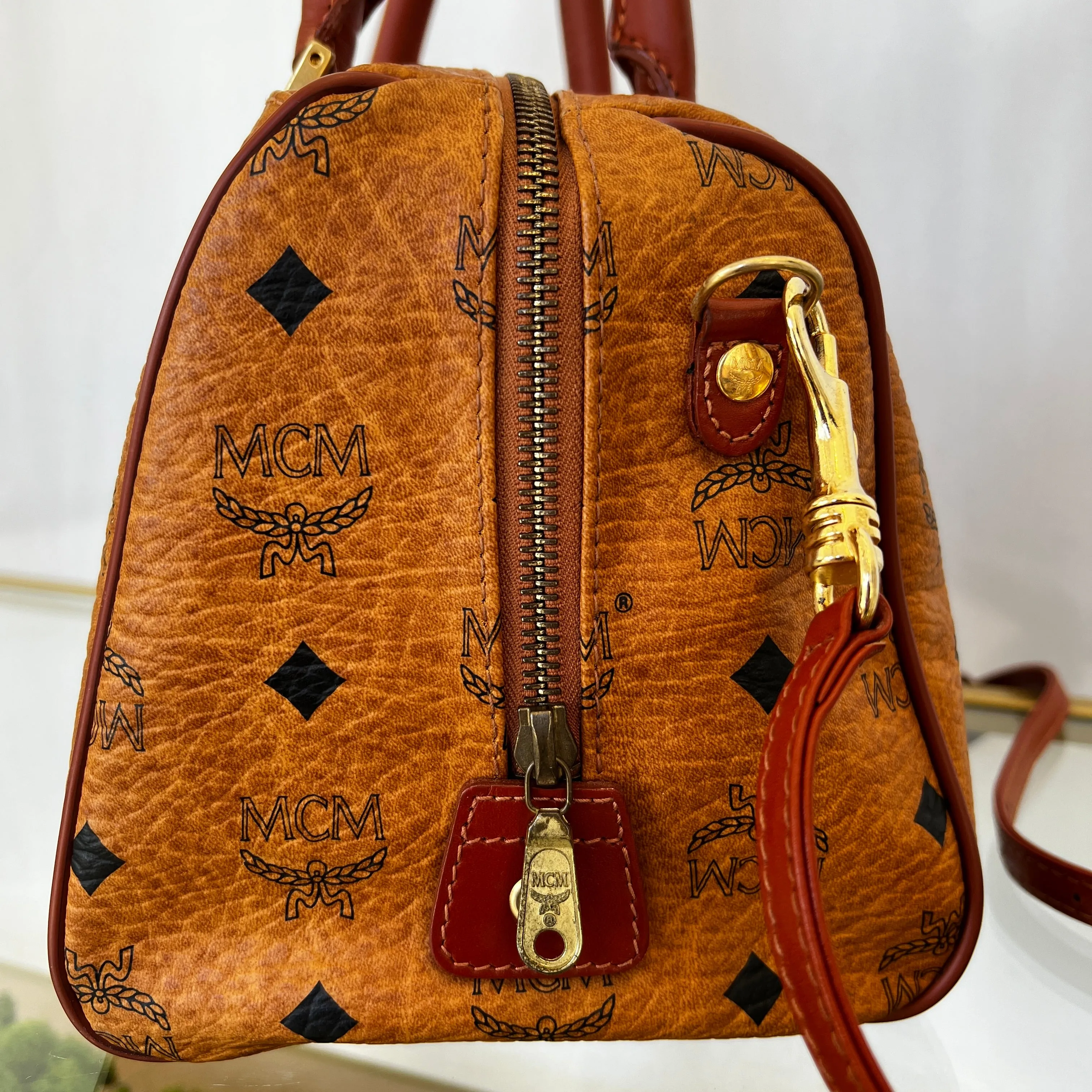 MCM Cognac Visetos Canvas Two Way Satchel