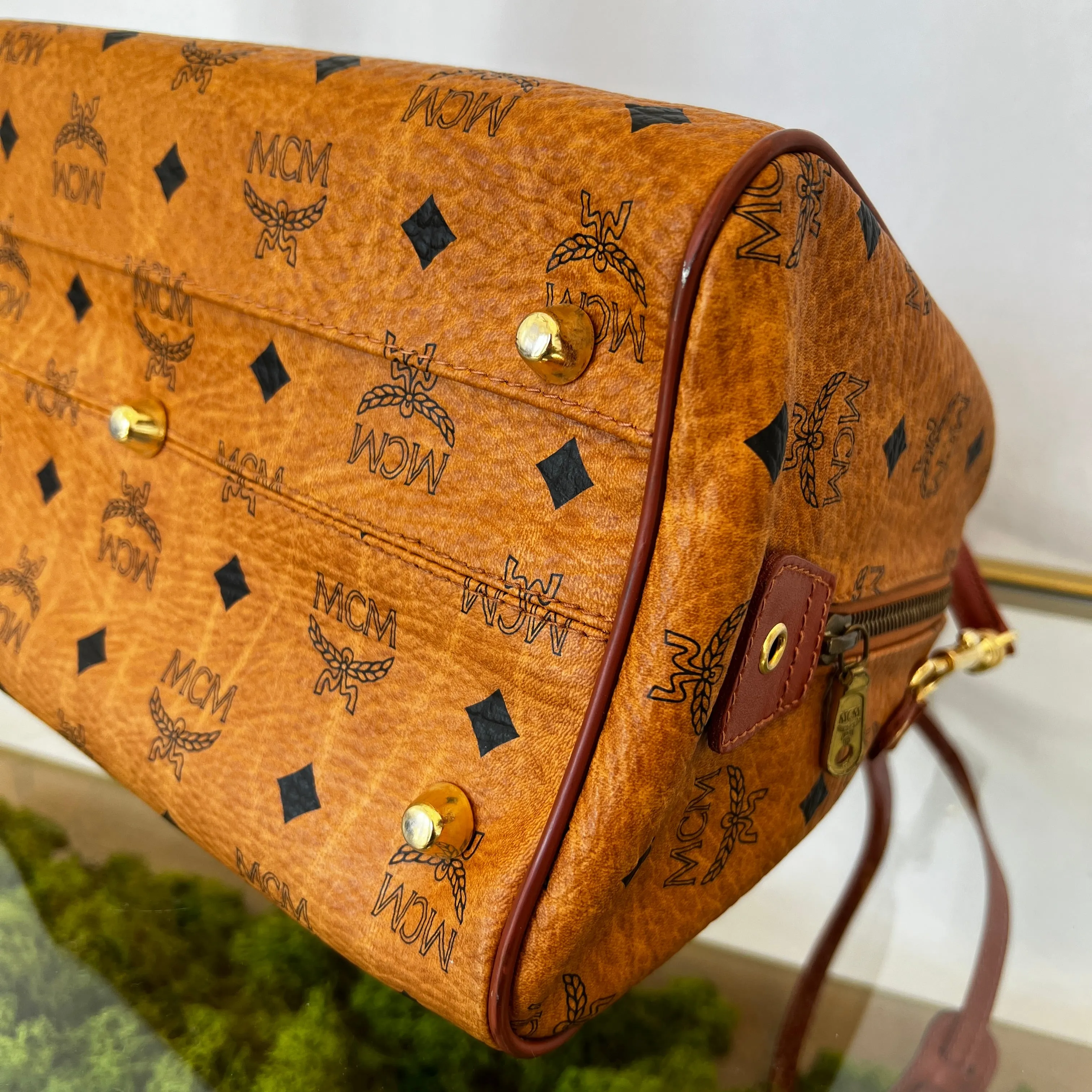 MCM Cognac Visetos Canvas Two Way Satchel