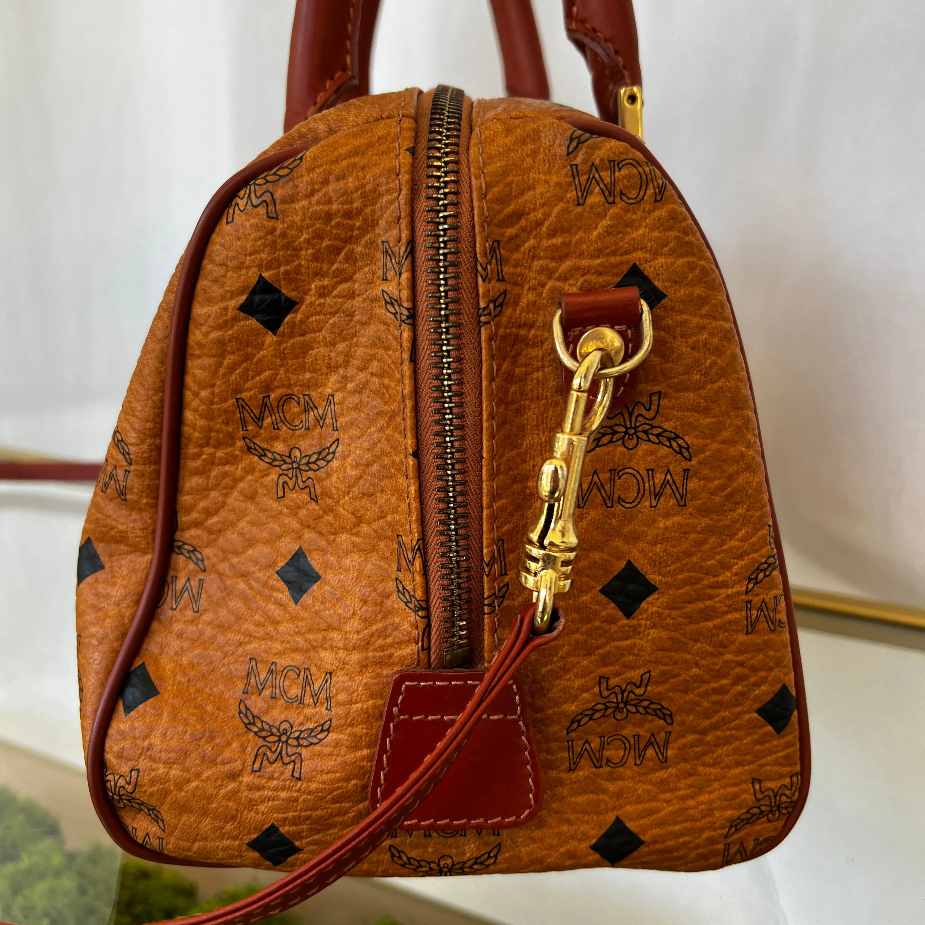 MCM Cognac Visetos Canvas Two Way Satchel