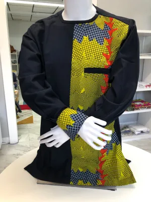 Men pullover Ankara Shirt with shoulder zip (Black and Yellow)