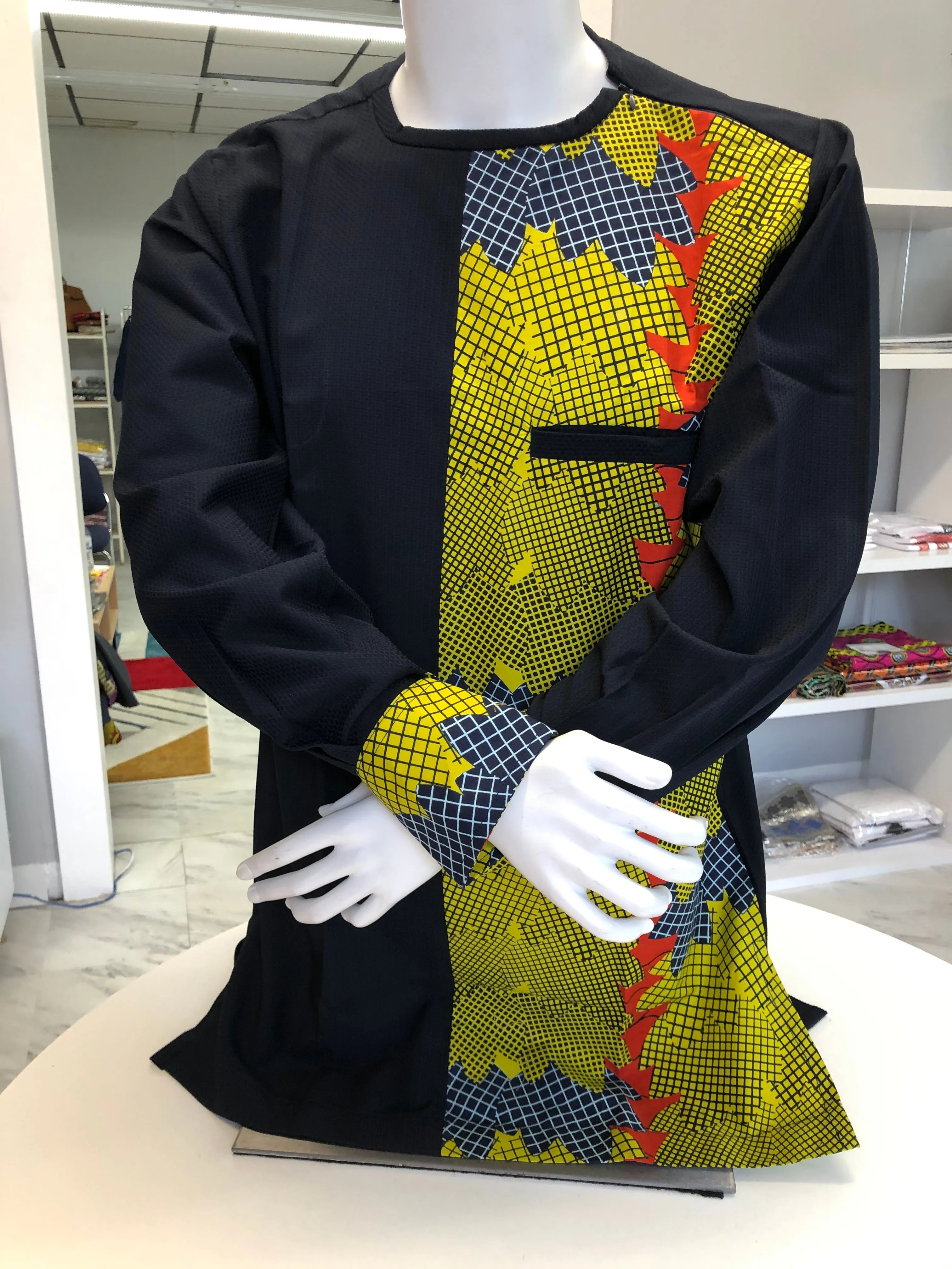 Men pullover Ankara Shirt with shoulder zip (Black and Yellow)