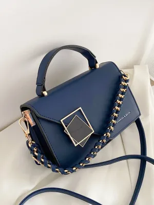 Metal & Chain Decor Flap Square Bag - Blue
