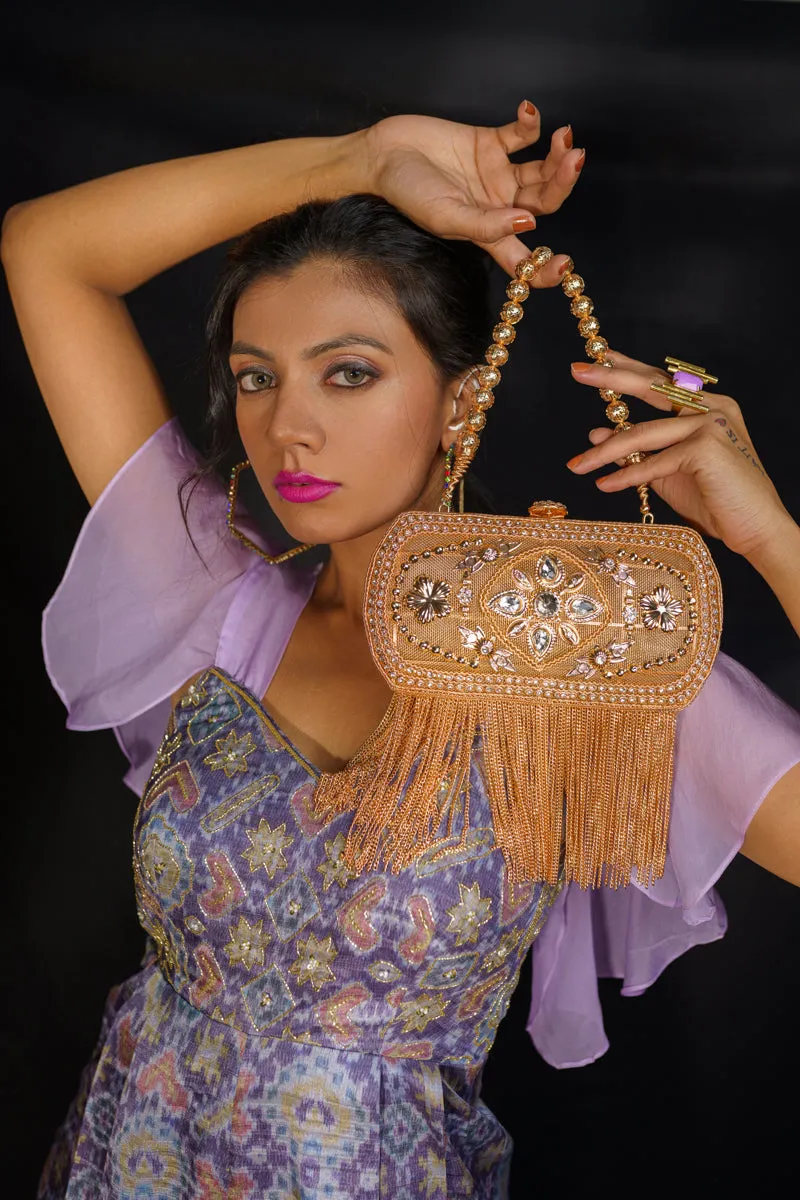 Metal Rectangle Golden Bag with lite acrylic diamond work & Golden tassels - with golden metal ball chain