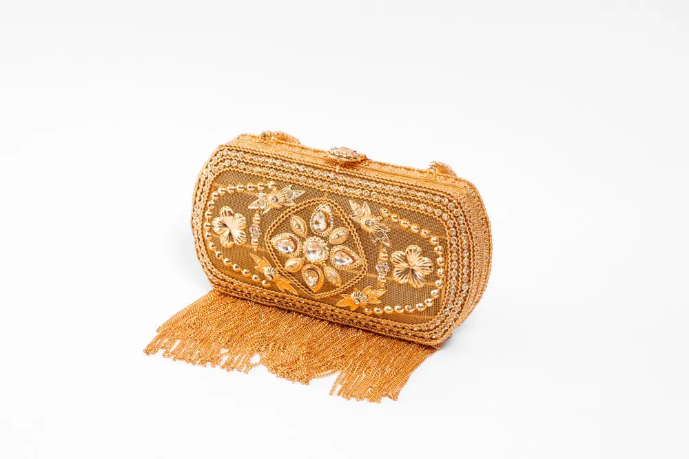Metal Rectangle Golden Bag with lite acrylic diamond work & Golden tassels - with golden metal ball chain