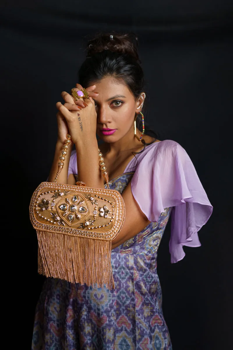 Metal Rectangle Golden Bag with lite acrylic diamond work & Golden tassels - with golden metal ball chain