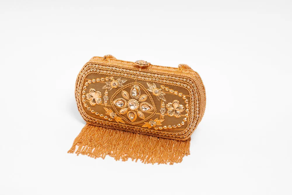 Metal Rectangle Golden Bag with lite acrylic diamond work & Golden tassels - with golden metal ball chain